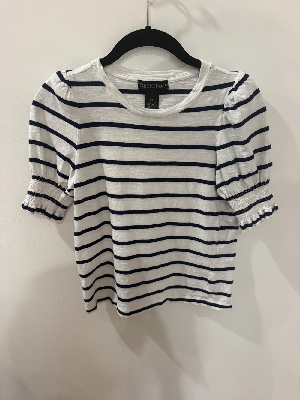 Design365 White & Navy Striped Puff-Sleeve Tee size XS